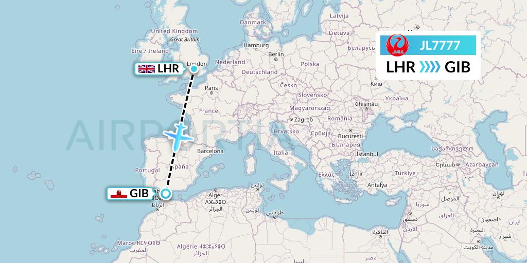 JL7777 Japan Airlines Flight Map: London to Gibraltar
