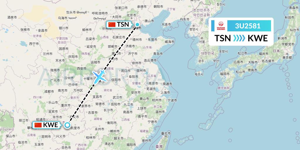 3U2581 Sichuan Airlines Flight Map: Tianjin to Guiyang