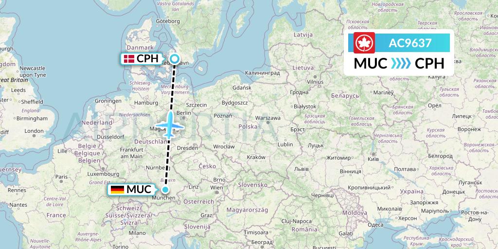 AC9637 Air Canada Flight Map: Munich to Copenhagen