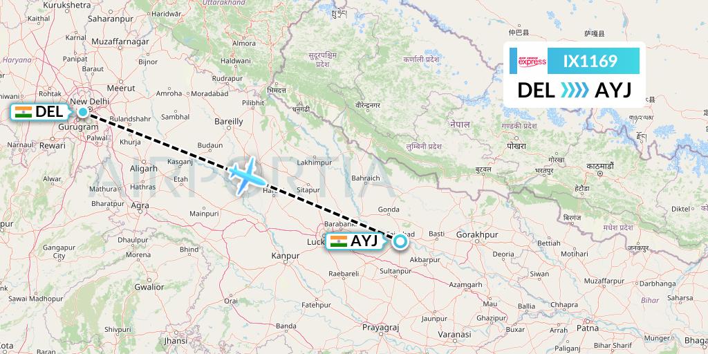 IX1169 Air India Express Flight Map: Delhi to Lucknow