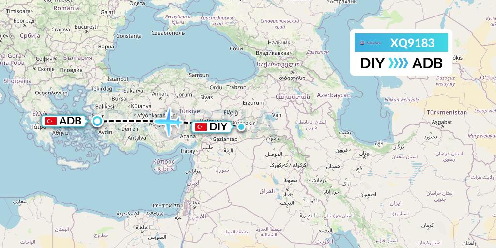 XQ9183 SunExpress Flight Map: Diyarbakir to Izmir
