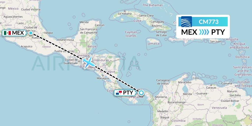 CM773 Copa Airlines Flight Map: Mexico City to Panama City