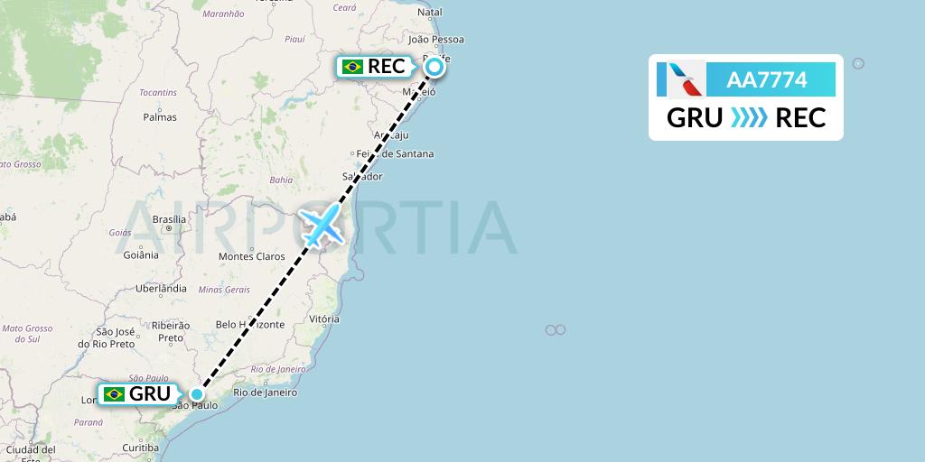 AA7774 American Airlines Flight Map: Sao Paulo to Recife