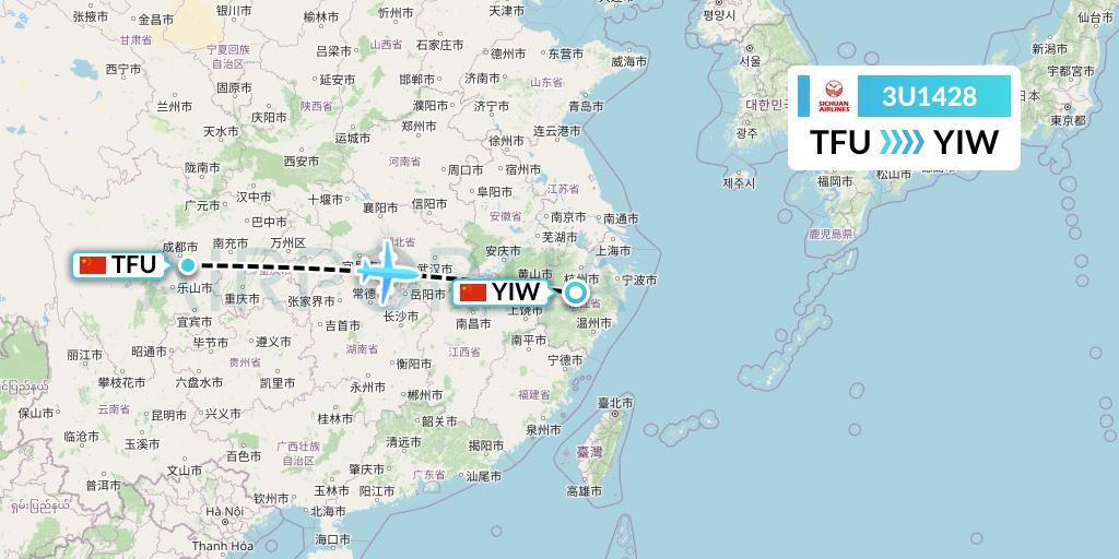 3U1428 Sichuan Airlines Flight Map: Chengdu to Yiwu