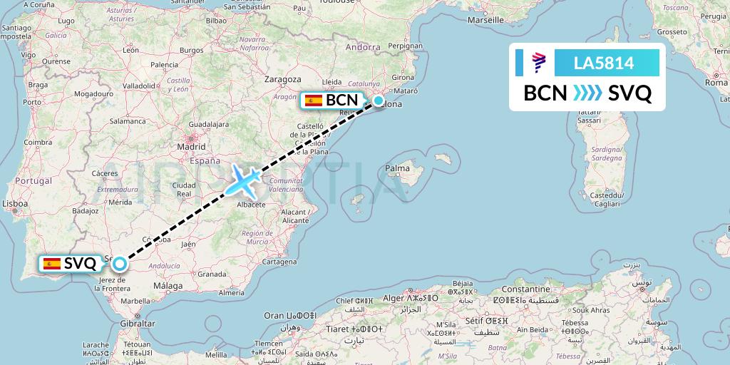 LA5814 LAN Airlines Flight Map: Barcelona to Seville