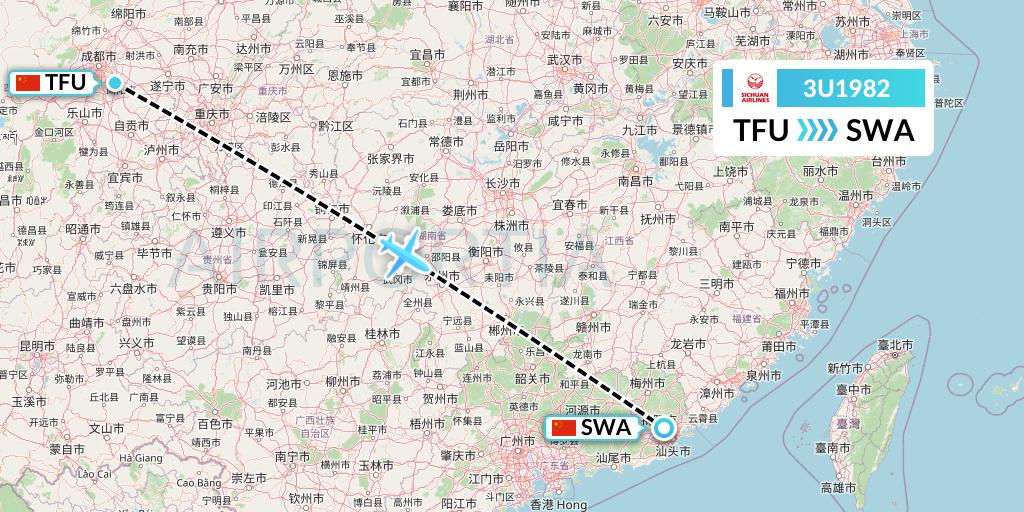 3U1982 Sichuan Airlines Flight Map: Chengdu to Jieyang