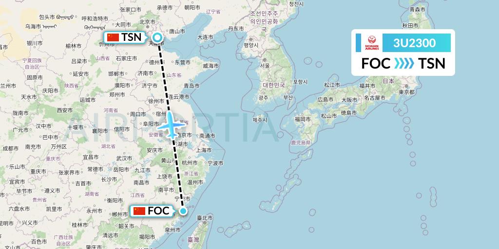 3U2300 Sichuan Airlines Flight Map: Fuzhou to Tianjin