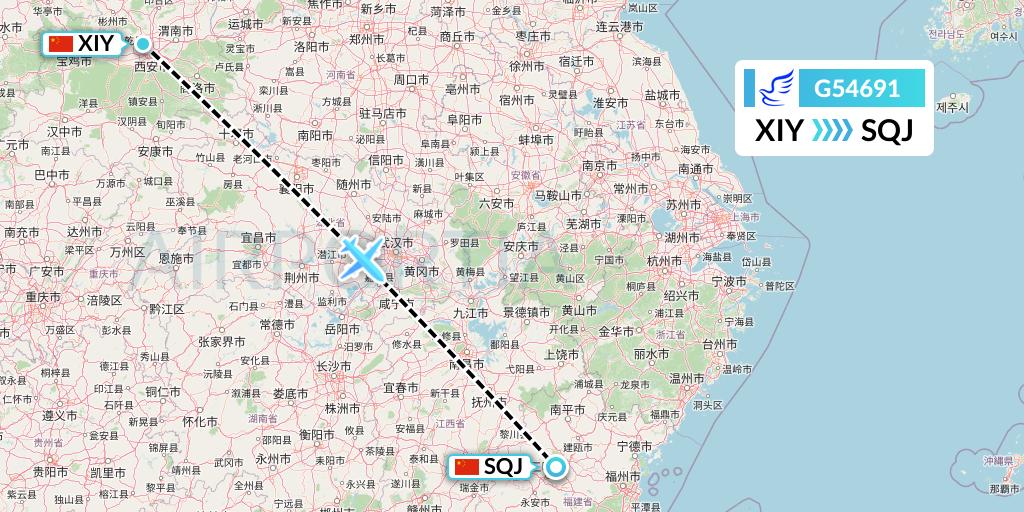 G54691 China Express Airlines Flight Map: Xi'an to Fuzhou