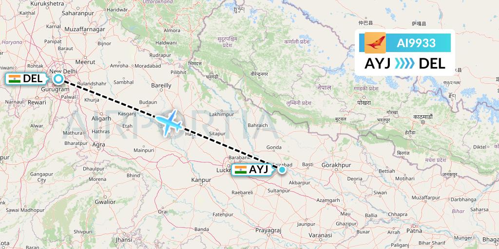 AI9933 Air India Flight Map: Lucknow to Delhi