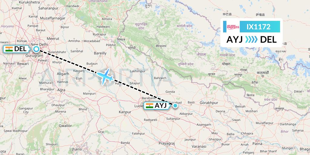 IX1172 Air India Express Flight Map: Lucknow to Delhi
