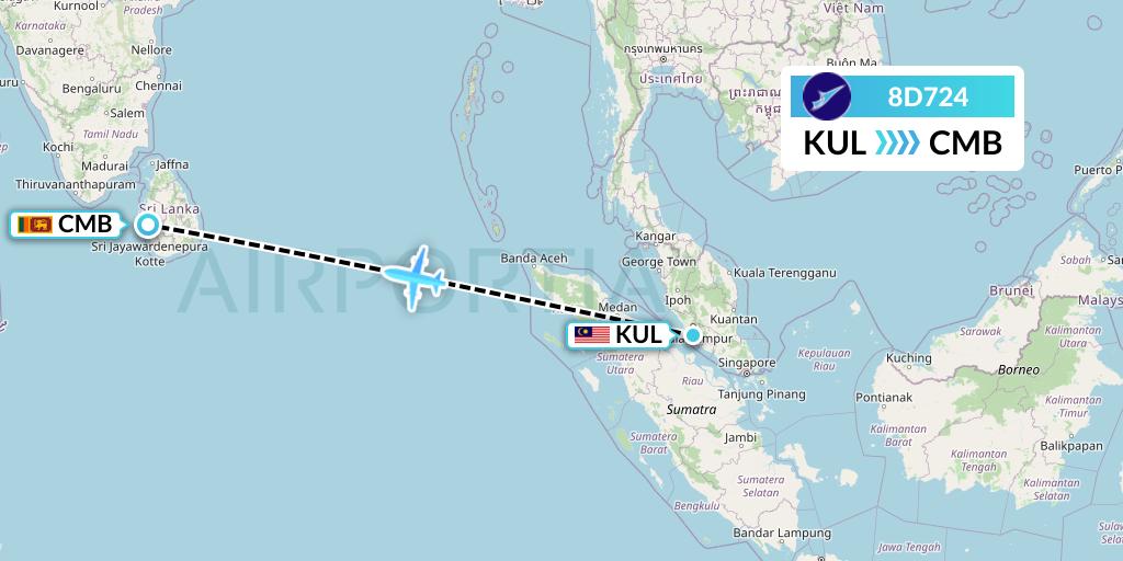 8D724 FitsAir Flight Map: Kuala Lumpur to Colombo
