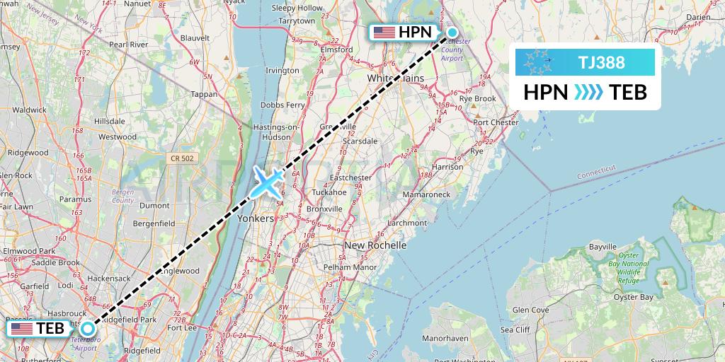 TJ388 Tradewind Aviation Flight Map: White Plains to Teterboro