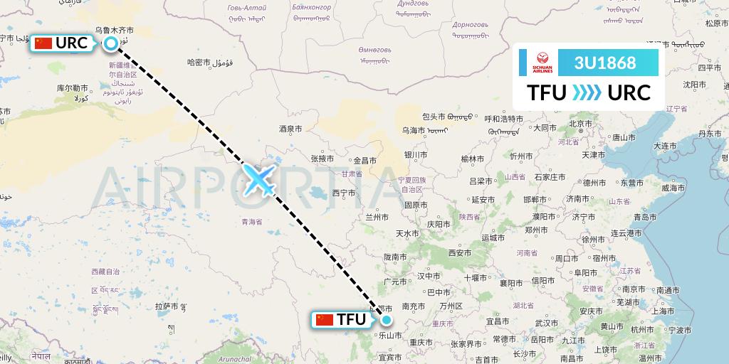 3U1868 Sichuan Airlines Flight Map: Chengdu to Urumqi