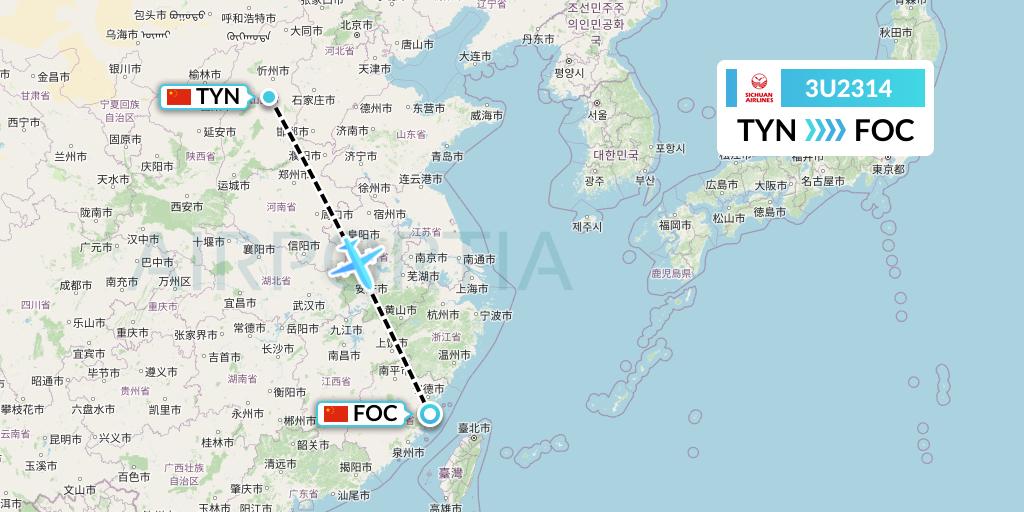 3U2314 Sichuan Airlines Flight Map: Taiyuan to Fuzhou
