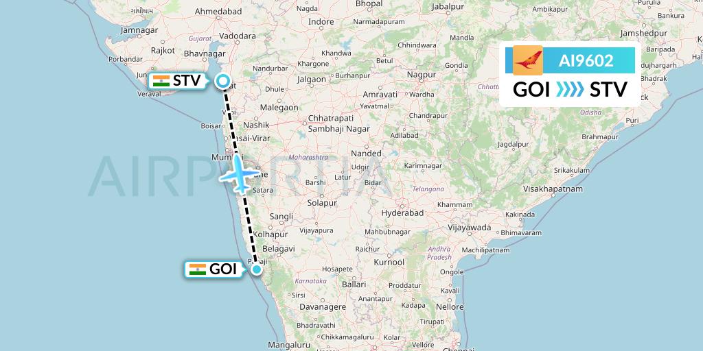 AI9602 Air India Flight Map: Goa to Surat