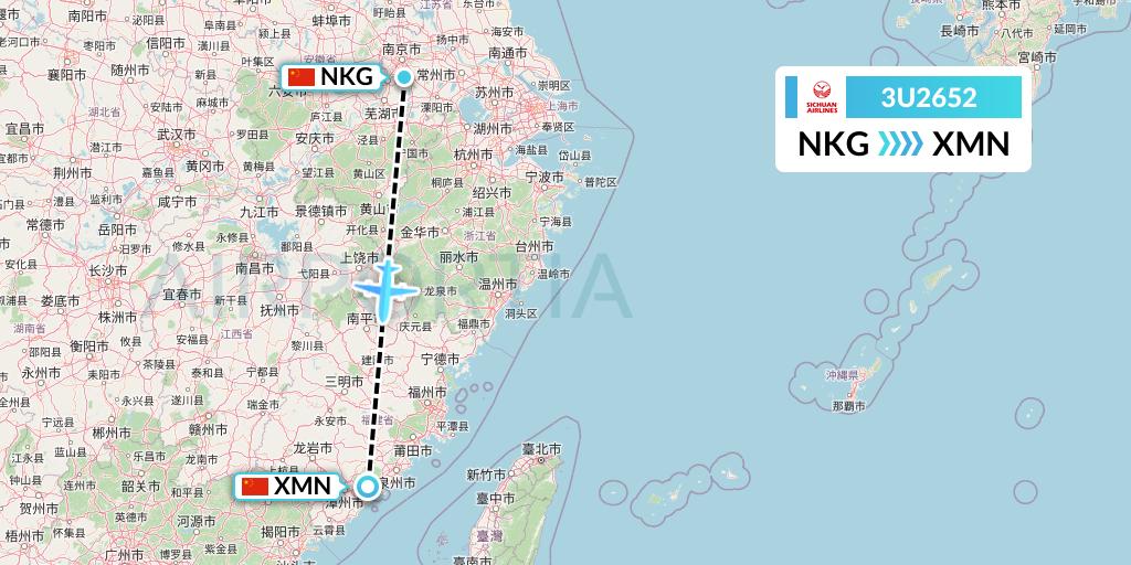 3U2652 Sichuan Airlines Flight Map: Nanjing to Xiamen