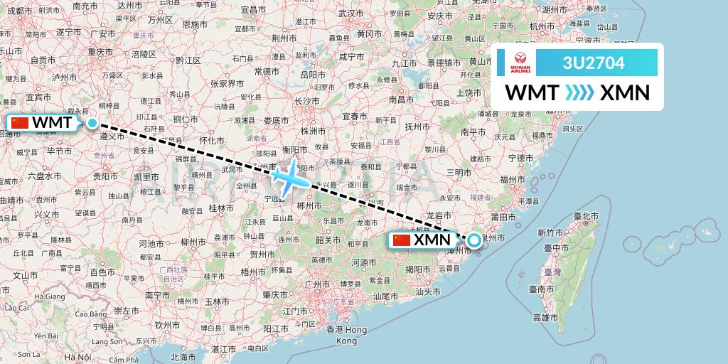 3U2704 Sichuan Airlines Flight Map: Zunyi to Xiamen