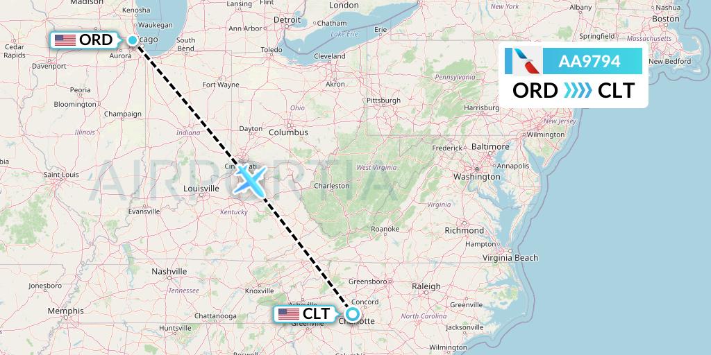 AA9794 American Airlines Flight Map: Chicago to Charlotte