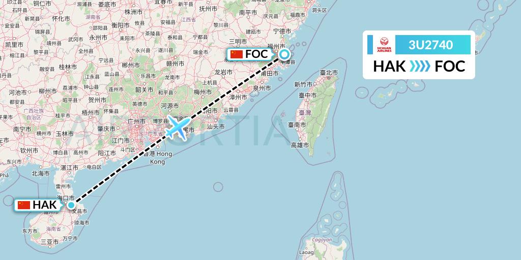 3U2740 Sichuan Airlines Flight Map: Haikou to Fuzhou