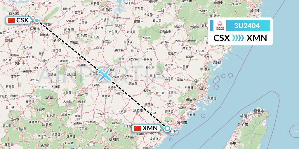 3U2404 Sichuan Airlines Flight Map: Changsha to Xiamen