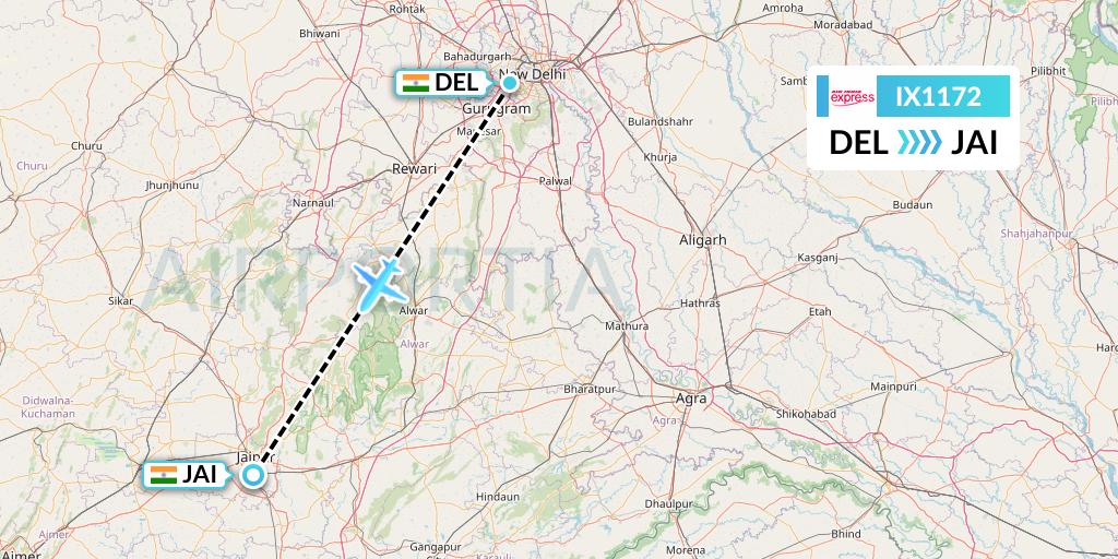 IX1172 Air India Express Flight Map: Delhi to Jaipur