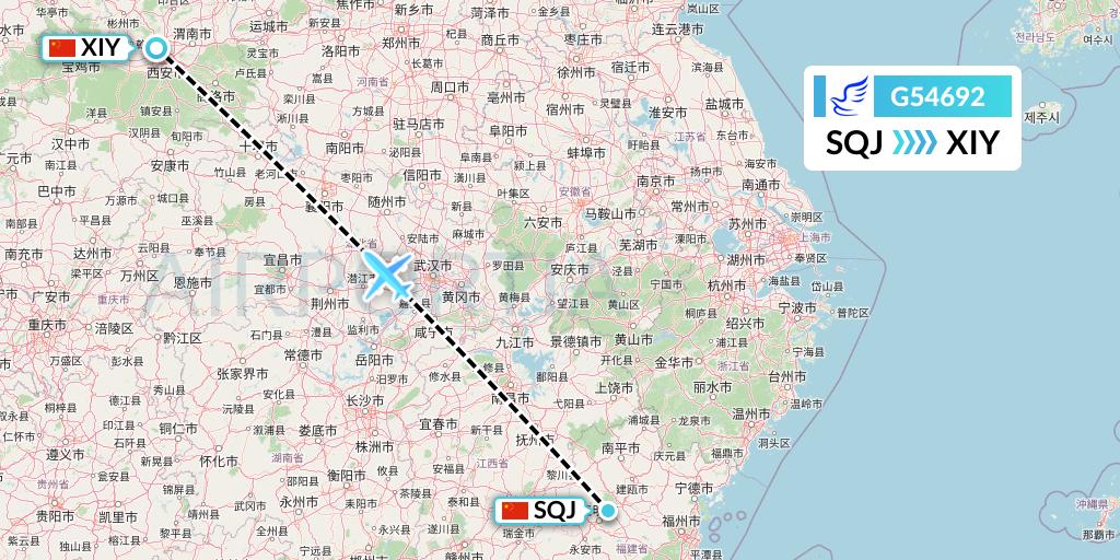 G54692 China Express Airlines Flight Map: Fuzhou to Xi'an