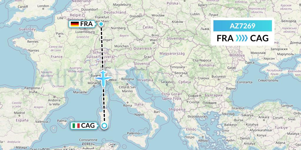 AZ7269 ITA Airways Flight Map: Frankfurt to Cagliari