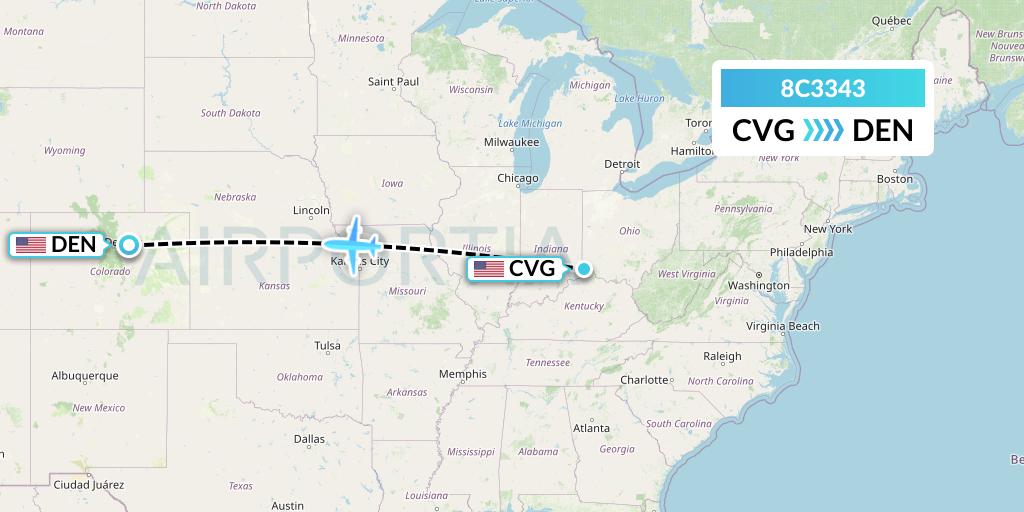 8C3343 Air Transport International Flight Map: Cincinnati to Denver
