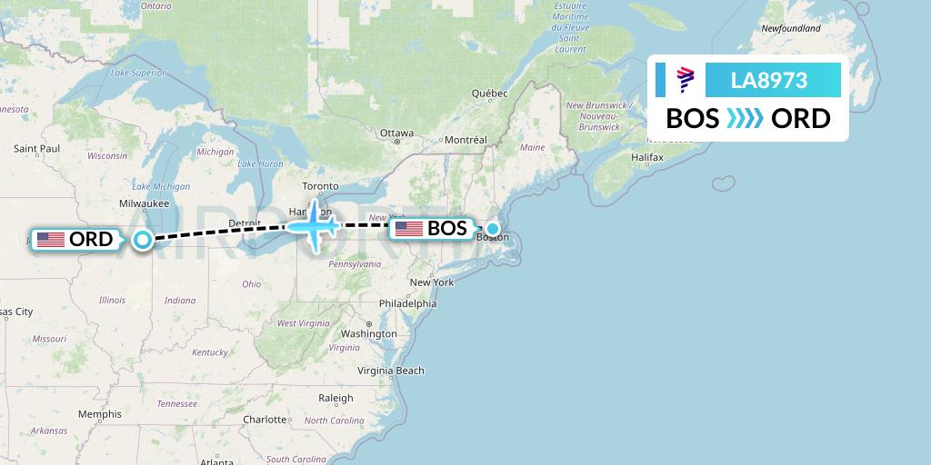 LA8973 LAN Airlines Flight Map: Boston to Chicago