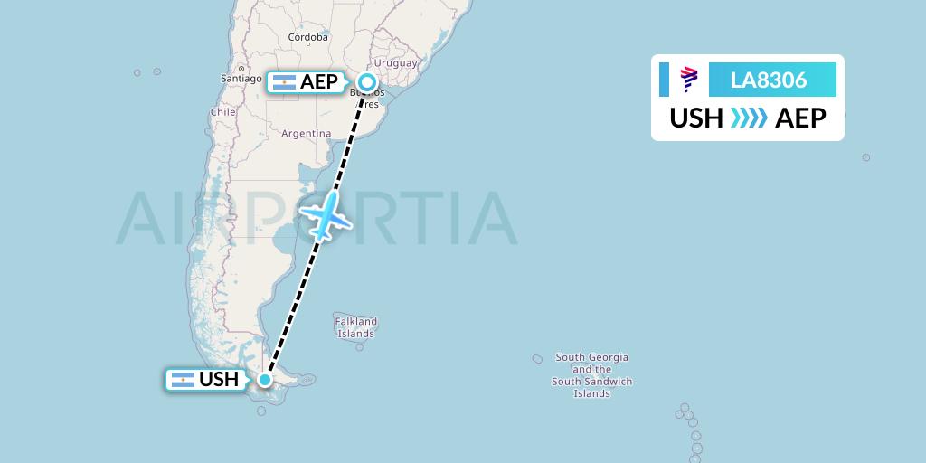 LA8306 LAN Airlines Flight Map: Ushuaia to Buenos Aires