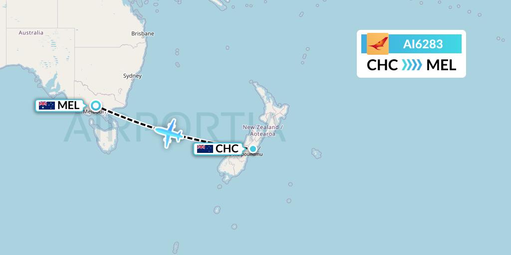 AI6283 Air India Flight Map: Christchurch to Melbourne