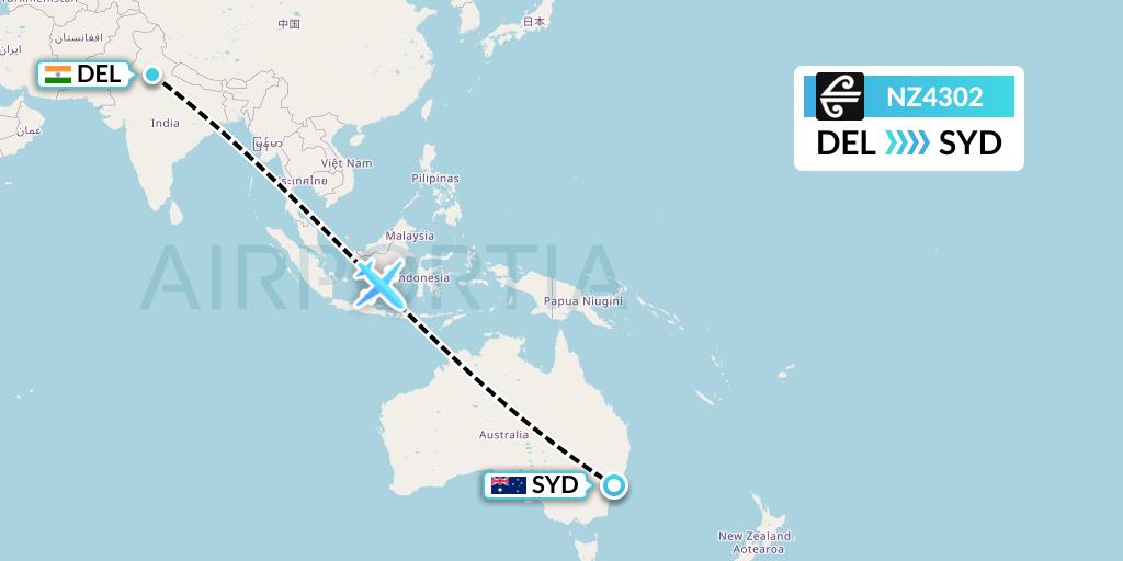 NZ4302 Air New Zealand Flight Map: Delhi to Sydney
