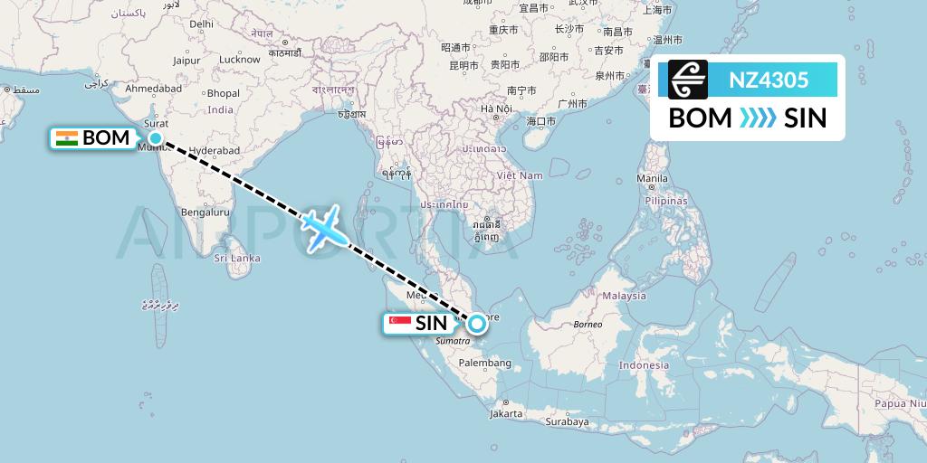NZ4305 Air New Zealand Flight Map: Mumbai to Singapore