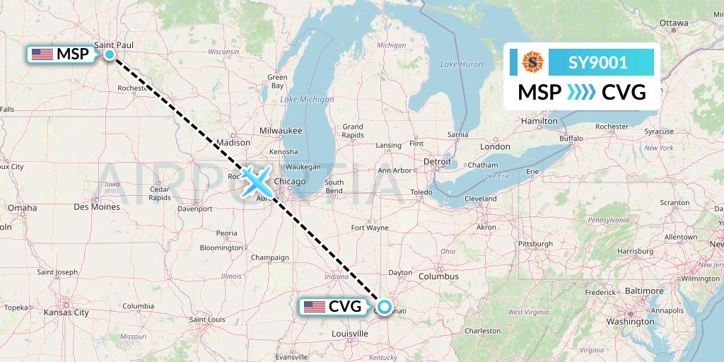 SY9001 Sun Country Airlines Flight Map: Minneapolis to Cincinnati