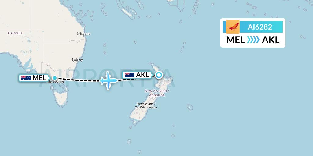 AI6282 Air India Flight Map: Melbourne to Auckland