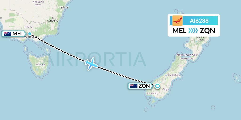 AI6288 Air India Flight Map: Melbourne to Queenstown