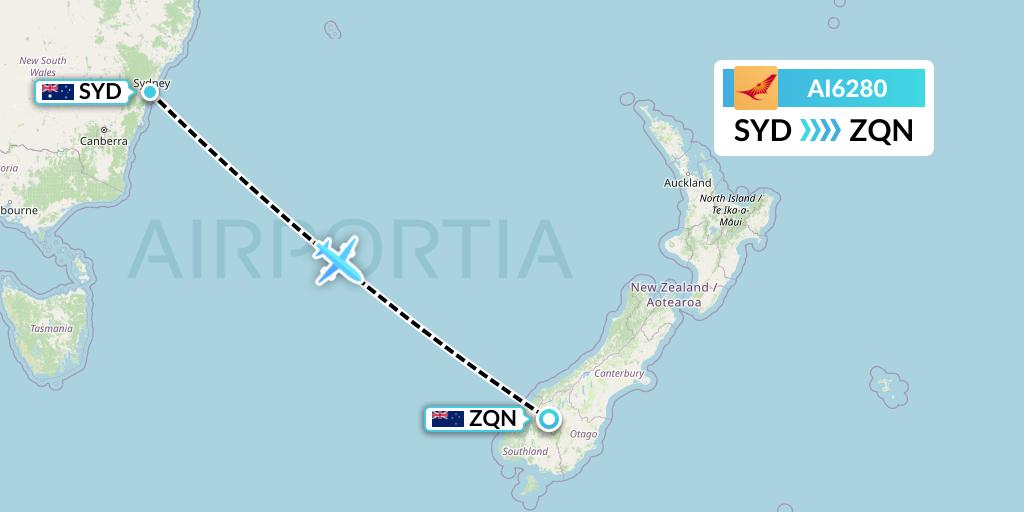 AI6280 Air India Flight Map: Sydney to Queenstown