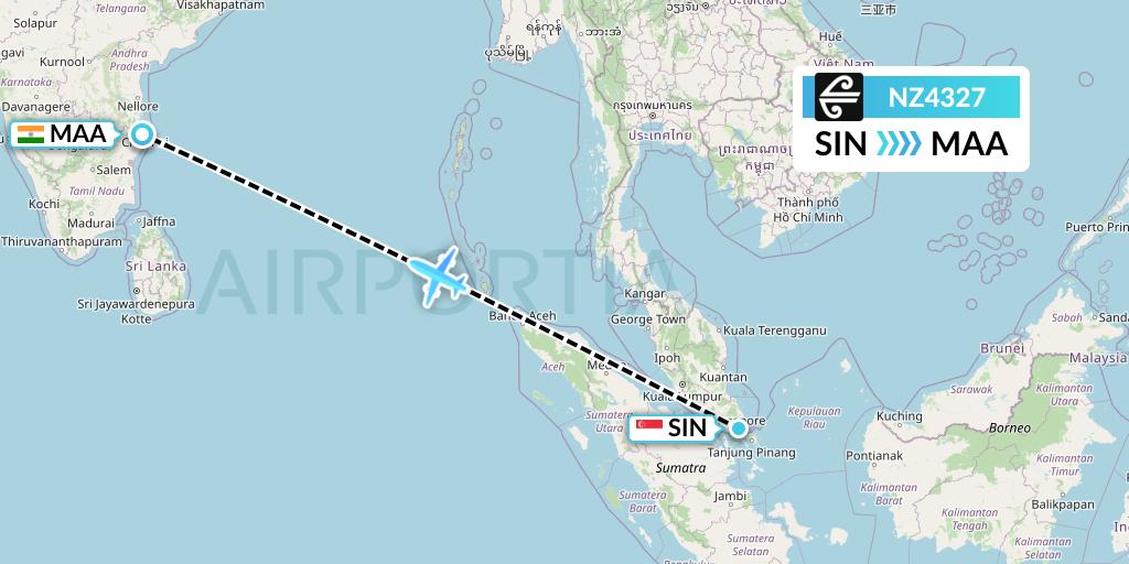 NZ4327 Air New Zealand Flight Map: Singapore to Chennai