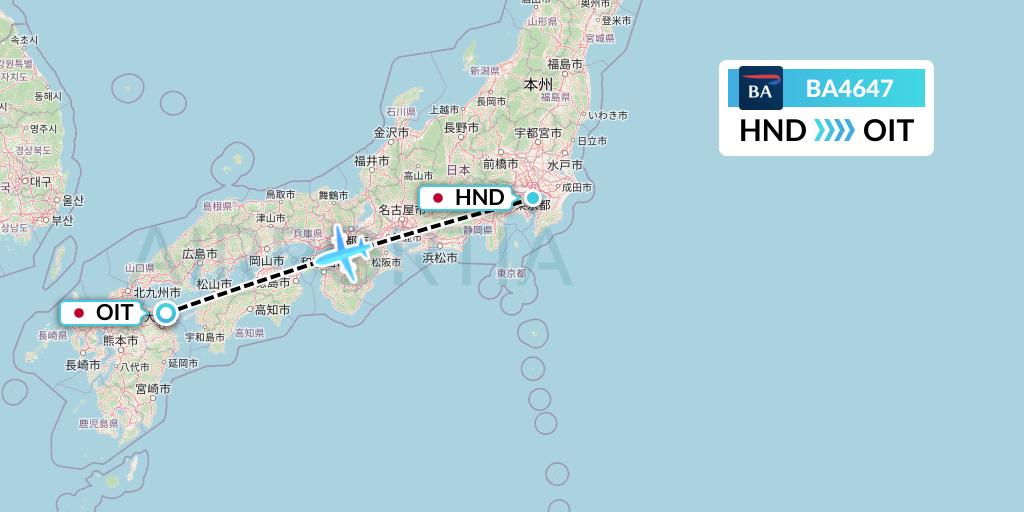 BA4647 British Airways Flight Map: Tokyo to Oita
