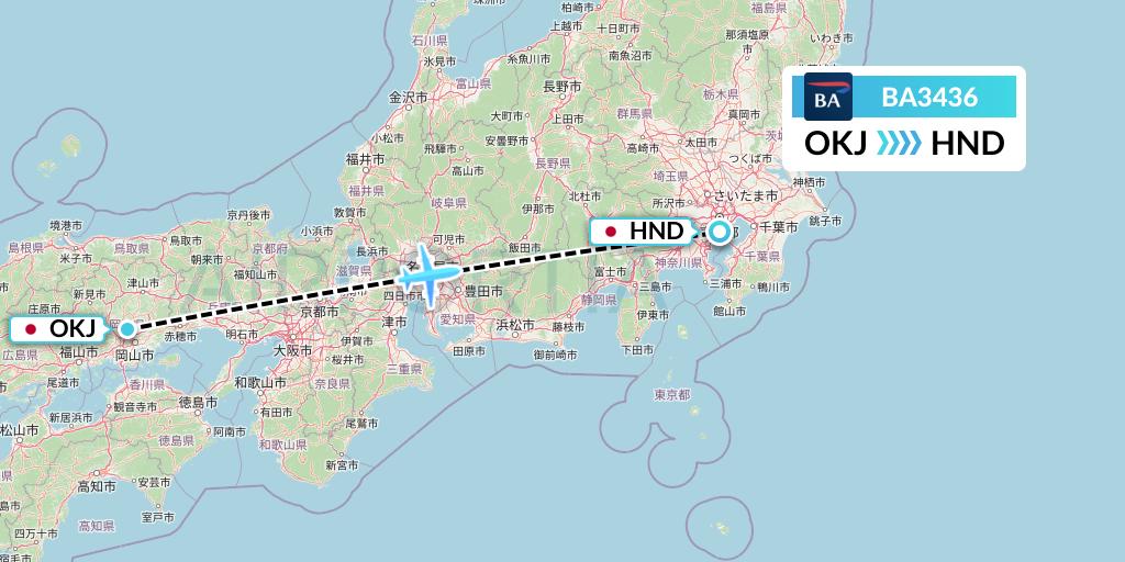 BA3436 British Airways Flight Map: Okayama to Tokyo