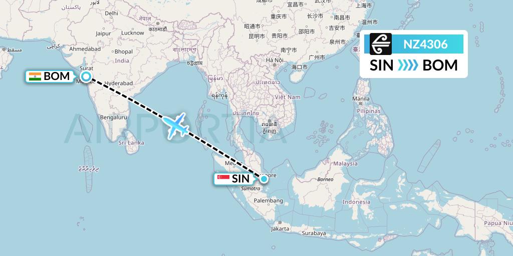 NZ4306 Air New Zealand Flight Map: Singapore to Mumbai