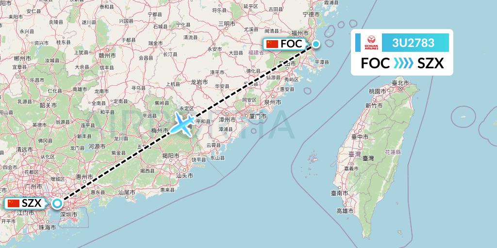 3U2783 Sichuan Airlines Flight Map: Fuzhou to Shenzhen