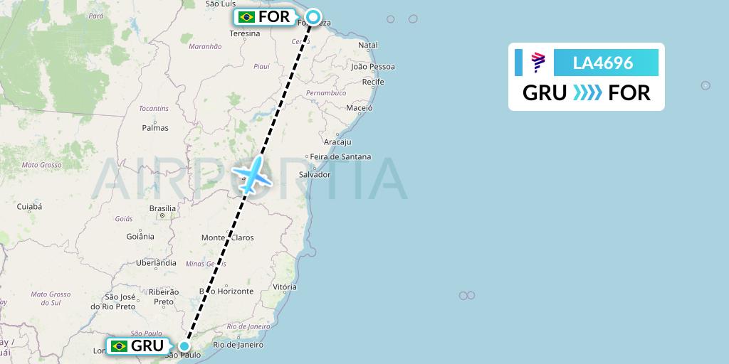 LA4696 LAN Airlines Flight Map: Sao Paulo to Fortaleza
