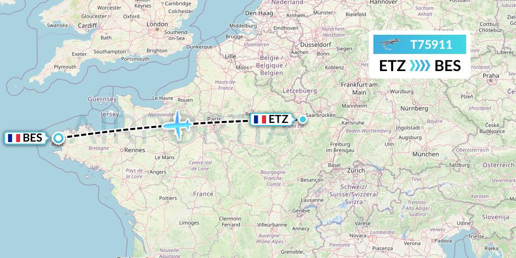 T75911 Twin Jet Flight Map: Metz-Nancy to Brest