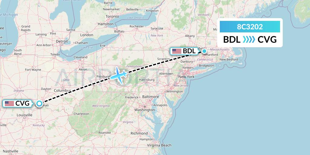 8C3202 Air Transport International Flight Map: Windsor Locks to Cincinnati