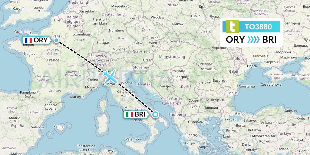 TO3880 Transavia France Flight Map: Paris to Bari