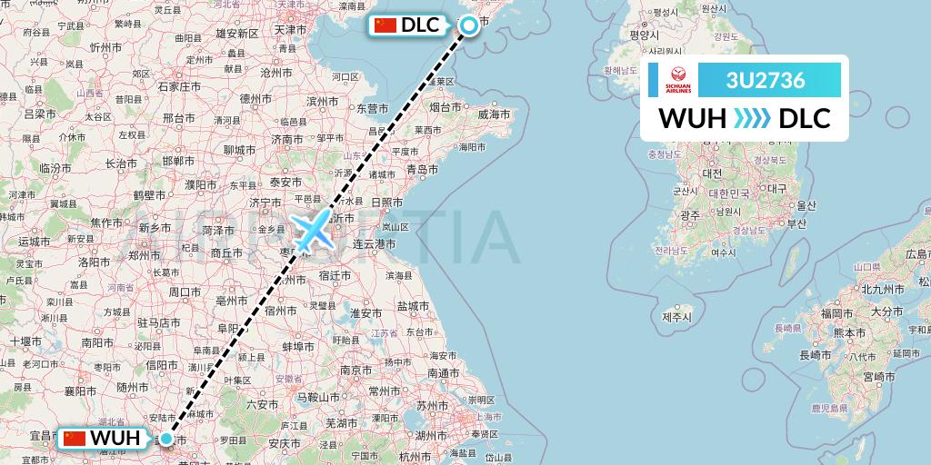 3U2736 Sichuan Airlines Flight Map: Wuhan to Dalian