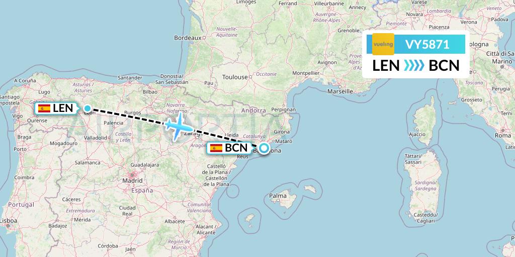 VY5871 Vueling Flight Map: Leon to Barcelona
