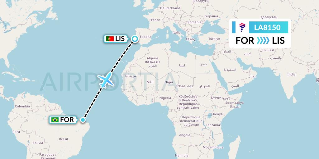 LA8150 LAN Airlines Flight Map: Fortaleza to Lisbon