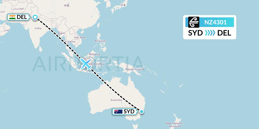NZ4301 Air New Zealand Flight Map: Sydney to Delhi